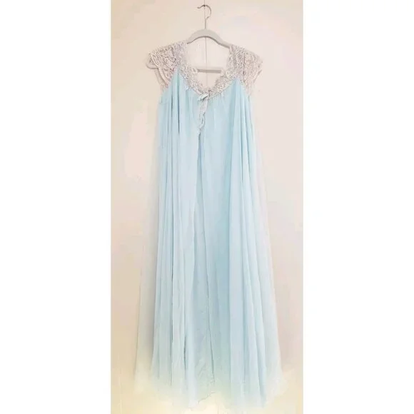 Vtg 60s Alice Maloof Women L Open Front Bed Jacket Flowy Blue Sheer Lacy Pegnoir - Picture 2 of 8